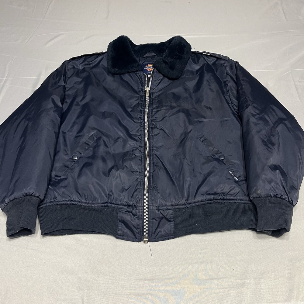 Vintage Dickies Nylon Bomber Jacket Mens L Navy Blue Fur Collar Quilted